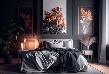 Interior of beautiful modern bedroom with spring flowers. Generative AI