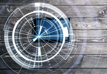 Empty workplace with a tablet computer and media interface