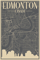 Colorful hand-drawn framed poster of the downtown EDMONTON, CANADA with highlighted vintage city skyline and lettering