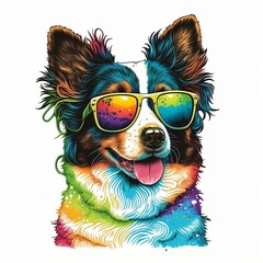 A colorful happy dog with rainbow colored sunglasses isolated on white background. T-shirt design. Generate AI