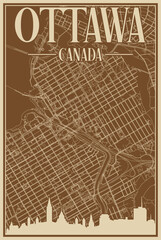 Colorful hand-drawn framed poster of the downtown OTTAWA, CANADA with highlighted vintage city skyline and lettering