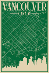 Colorful hand-drawn framed poster of the downtown VANCOUVER, CANADA with highlighted vintage city skyline and lettering