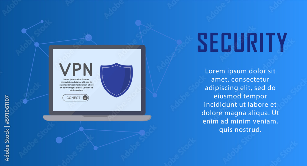 Poster VPN system with laptop in a flat design. VPN laptop with lock shield. Security system
