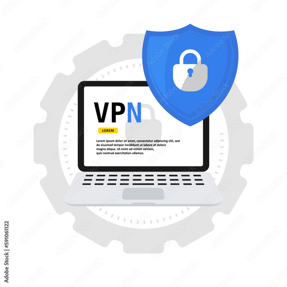 Poster VPN system with laptop in a flat design. VPN laptop with lock shield. Security system