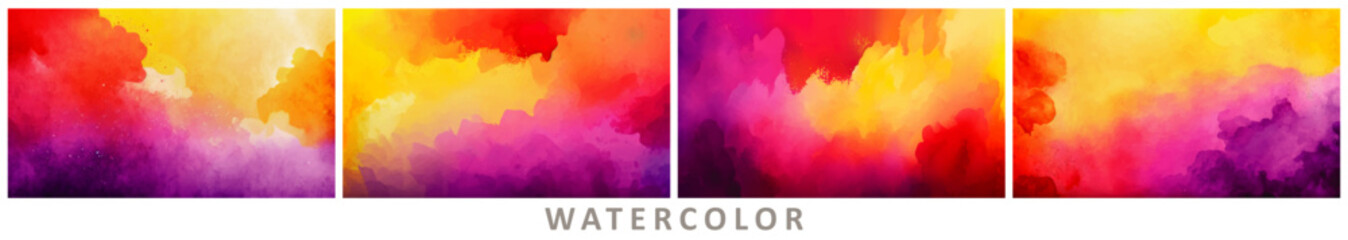 Bundle set of vector colorful watercolor backgrounds for business card or flyer template, red, yellow, orange, purple
