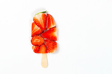 Close up of strawberry ice cream on stick. White background.