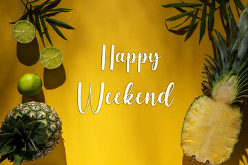 Summer Flat Lay, Tropical Pineapple, Text Happy Weekend