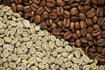 Raw and roasted coffee beans top view. Different degrees of roasting coffee beans