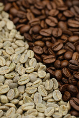 Raw and roasted coffee beans. Different degrees of roasting coffee beans