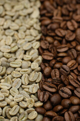 Raw and roasted coffee beans. Different degrees of roasting coffee beans