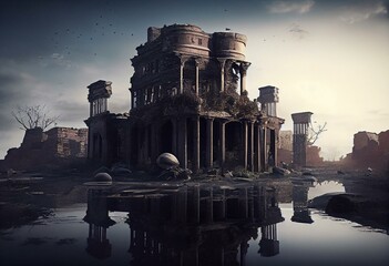 Naklejka premium half submerge city ruins, destroyed by war . Apocalypse battlefield aftermath ruins. Designed using generative ai