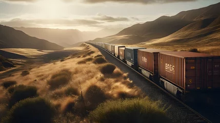 Fotobehang Freight train on a scenic landscape shipping large containers © Filip