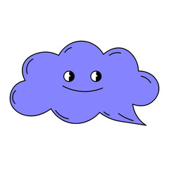 Cartoon bubble speech character with smile. Funky vector cute blue cloud character isolated on white