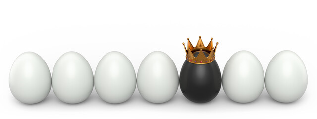 Heap of farm white chicken eggs and unique black egg in gold royal king crown