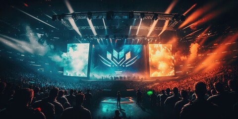 E-sports arena, filled with cheering fans and colorful LED lights. Players compete on a large stage in front of a massive screen. Big arena with many people, big stage, concert hall. Generative AI