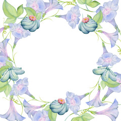 Watercolor hand drawn traditional Japanese sweets. Square frame of summer wagashi, morning glory. Isolated on white background. Design for invitations, restaurant menu, greeting cards, print, textile