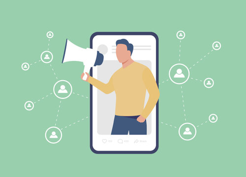 Affiliate marketing program concept. Profitable partnership, affiliate referral business network. Word-of-mouth digital marketing - brand partnerships with social media content creators