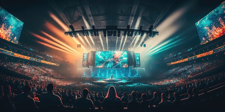 E-sports arena, filled with cheering fans and colorful LED lights. Players compete on a large stage in front of a massive screen. Big arena with many people, big stage, concert hall. Generative AI