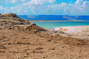 Jordan, Dead Sea coastline, salt crystals rocks, high angle view