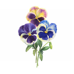 Fototapeta na wymiar Bouquet with blue, yellow and pink garden pansy flowers (viola, arvensis, heartsease, violet, kiss-me-quick). Hand drawn botanical watercolor painting illustration isolated on white background
