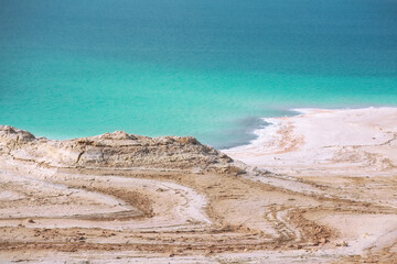 Fototapeta na wymiar Jordan, Dead Sea coastline, salt crystals texture, high angle view