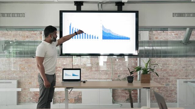 Business man doing Meeting Presentation showing charts, statistics of company bad results