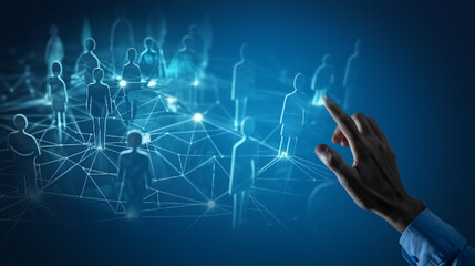 A hand points to a crowd of people.