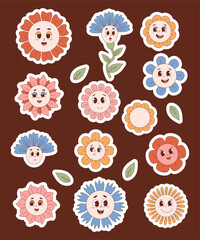 Groovy flower power stickers. Funny retro hippie 70s cartoon flowers. Isolated vector illustrations. Collection cute plants pack in trendy nostalgic cartoon style