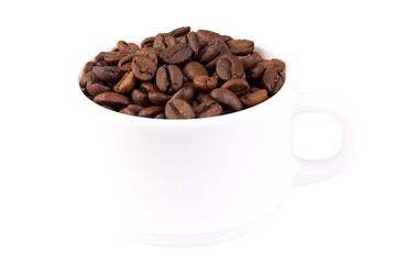Cup filled with coffee beans isolated on transparent background.