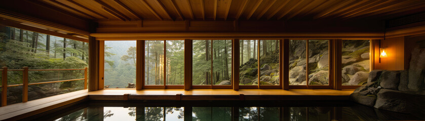 Japanese onsen ryokan. large bath. Japanese open-air baths using hot water from geothermally heated springs. Tradaitonal style architecture ryokan. Wide format. Generative AI. 