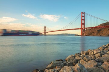 View of the Golden Gate Bridge during the sunset.