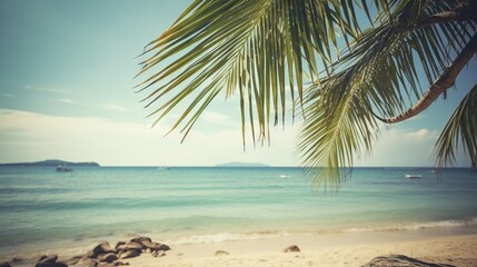Tropical summer seascape with palm leaves, beach and paradise ocean. Vacation and travel backdrop. Generative AI