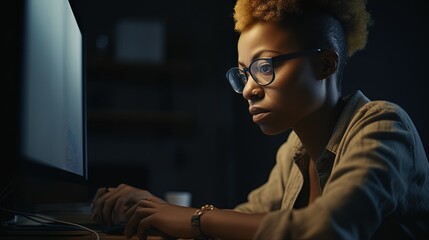a woman wearing headphones sits at her desk typing on a laptop computer, in the style of nightscapes, african american influence, contrasting lights and darks