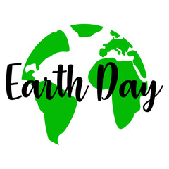 Logo con letras palabra Earth Day en texto manuscrito con silueta de continentes de mapa de la tierra en espacio negativo