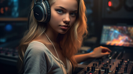 Young woman wearing headphones works in recording studio created with generative AI technology