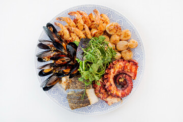 Seafood platter on the white background