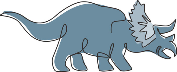 One continuous line drawing of adorable triceratops prehistory animal for logo identity. Dinosaurs mascot concept for prehistoric museum icon. Single line graphic draw design vector illustration