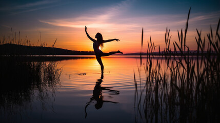 Fototapeta premium Silhouette of woman doing yoga poses at sunset on a lake, the sky burning - Generative AI