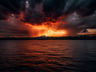 Fototapeta na wymiar Burning sunset over a vast lake with massive clouds in the sky - Generative AI