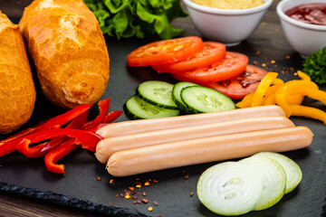 Hot dog ingredients on stone black plate
