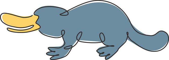 Single continuous line drawing of funny adorable platypus for logo identity. Tasmanian mammal animal mascot concept for national zoo icon. Modern one line draw graphic design vector illustration