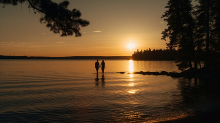 Fototapeta premium Romantic photo of a couple walking towards a lake at sunset - Generative AI