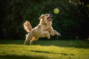 Fototapety  Golden retriever dog jumping happily in the air catching a ball - Generative AI