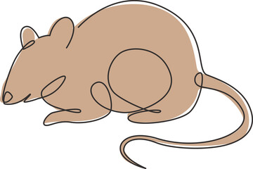 One continuous line drawing of cute adorable mouse for logo identity. Funny mice rodent animal mascot concept for pest control icon. Dynamic single line draw design vector graphic illustration