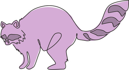 One continuous line drawing of cute racoon for logo identity. Funny raccoon animal mascot concept for national conservation park icon. Modern single line draw graphic design vector illustration