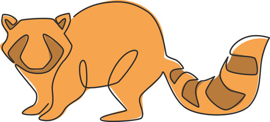 One single line drawing of lovely funny raccoon for logo identity. Cute racoon animal mascot concept for pet lover club icon. Dynamic continuous line draw design graphic vector illustration