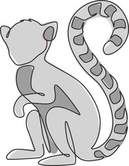 One single line drawing of cute funny sitting lemur for logo identity. Marsupial animal mascot concept for conservation national park icon. Continuous line draw design vector graphic illustration