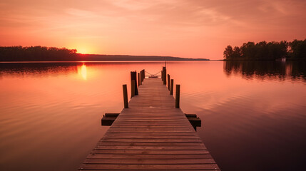 Fototapeta na wymiar Sunset scene of a dock leading towards glassy lake - Generative AI