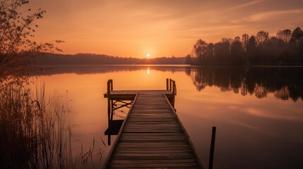 Obraz premium Sunset scene of a dock leading towards glassy lake - Generative AI