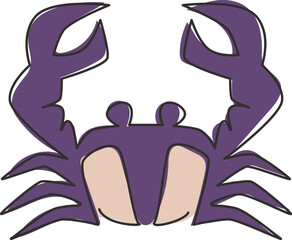 Obraz premium Single continuous line drawing of little crab with big claw for seafood logo identity. Cute sea animal concept for Chinese restaurant icon. Dynamic one line draw design graphic vector illustration